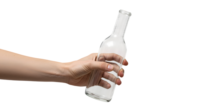 hand holding a empty bottle isolated PNG on transparent background 