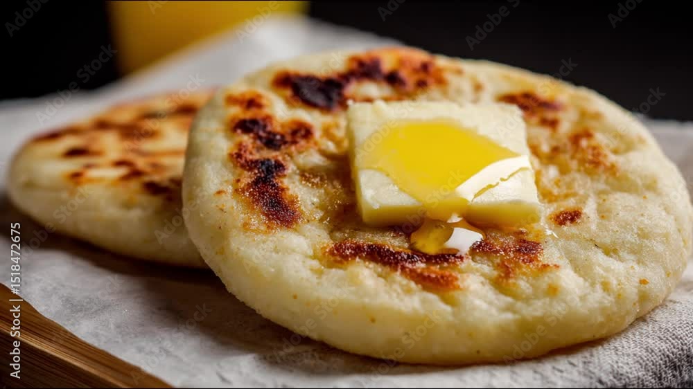Poster deliciously toasted crumpets with a melting cube of butter, creating a mouthwatering image.