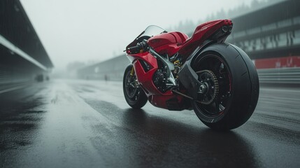 Fototapeta premium Red motorcycle on a wet racetrack in foggy weather