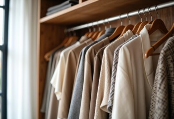 Obraz premium Neatly arranged beige and patterned shirts hanging on a wooden closet rod