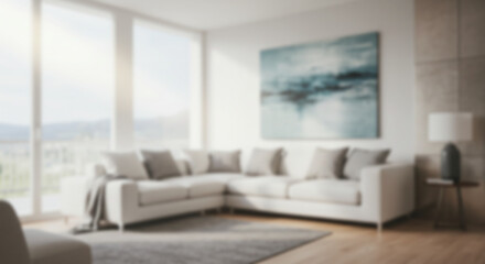 a modern blur background living room with a large, comfortable sectional sofa, framed artwork, and abundant natural light creating an inviting atmosphere 27