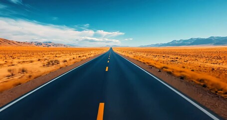 FPV drone footage captures a straight road through a vast desert landscape towards distant mountains under a bright blue sky. - Powered by Adobe