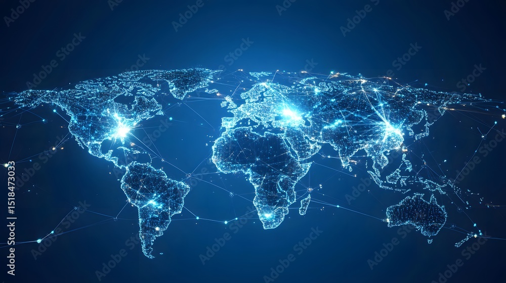 Poster a glowing world map with interconnected lines and bright spots on a dark blue background view from a
