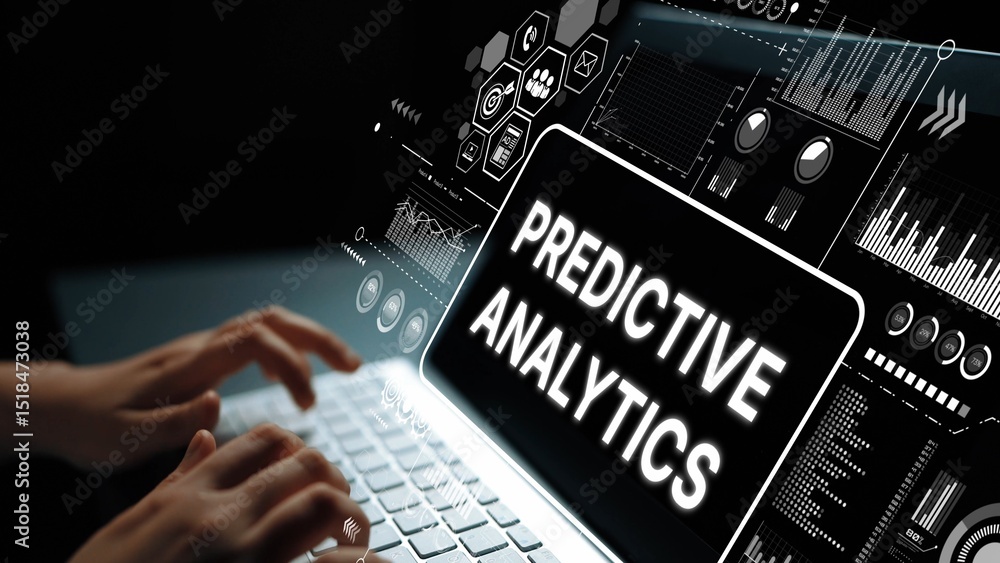 Poster futuristic data visualization with hands typing and predictive analytics concept on a laptop screen.