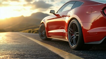 Red sports car on scenic road at sunset