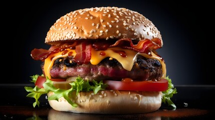 Mouthwatering Burger Delight: A high-angle, appetizing image of a gourmet burger, a symphony of flavors and textures, ready to satisfy the palate with its fresh ingredients, crispy bacon.