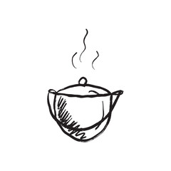A pot or cauldron with steam for cooking or boiling outdoors in black brush stroke texture isolated on white. Hand drawn vector sketch illustration in vintage charcoal ink. Print design, travel.