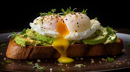 Avocado Toast with Poached Eggs: Toast with smashed avocado topped with poached eggs, glistening with a runny yolk.