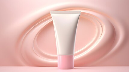 Cosmetic Tube Mockup: Elegant, minimalist design of a white cosmetic tube with a soft pink cap, set against a backdrop of swirling, creamy pink hues.