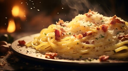 Culinary Delight: A steaming plate of pasta carbonara, a classic Italian dish, topped with grated cheese and crispy bacon, creating a sensory experience of taste and aroma. 