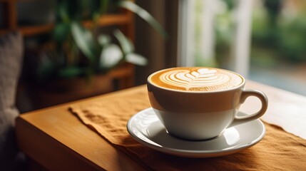 Morning Coffee at the Window: A warm cup of cappuccino with latte art sits by a window, inviting a moment of cozy relaxation and calm reflection.