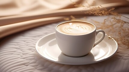 Warm Embrace of Morning Brew: A close-up captures the perfect artful swirls of a frothy cappuccino, elegantly nestled within a crisp white cup, a gentle, inviting aesthetic.