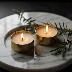 Cozy Hygge Scene with Lit Candles and Greenery on Marble Surface
