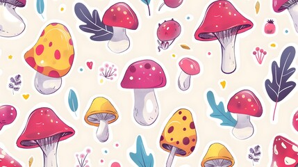 Mushroom Garden: A charming pattern featuring a variety of vibrant mushrooms and botanical accents creating a whimsical and enchanting scene.