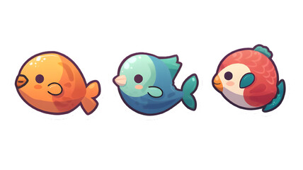 Playful Aquatic Companions: A whimsical composition of three adorable fish, rendered in a delightful illustrative style, exuding charm and captivating the essence of underwater merriment.