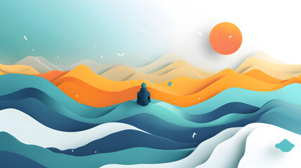 Serene Contemplation: Amidst undulating waves of color, a solitary figure sits in quiet contemplation, enveloped by a sense of boundless tranquility.
