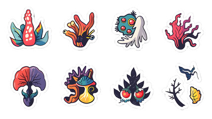 Vibrant Coral Reef Life: A collection of lively cartoon illustrations showcasing the beauty and variety of marine plant life.