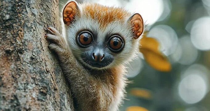 Close-up of a small monkey with big eyes clinging to a tree in a forest.