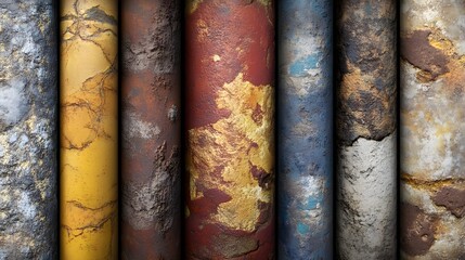 Weathered Pipes Texture: An abstract composition revealing a series of textured pipes, each showcasing a unique pattern of weathering, oxidation and flaking paint.