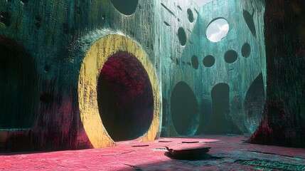 Abstract Cave: An enigmatic, colorful cave-like structure with circular openings and textured walls, bathed in an ethereal light.  The scene evokes a sense of mystery and wonder.