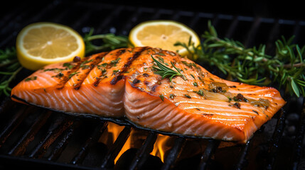 Grilled Salmon Delight: A beautifully grilled salmon fillet, infused with herbs and spices, rests on a hot grill, flanked by vibrant lemon wedges and fragrant rosemary.