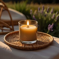 Outdoor Hygge with Lit Candle and Lavender in Sunlight
