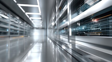 Blue-themed server room features advanced technology and holographic displays for a high-tech data environment