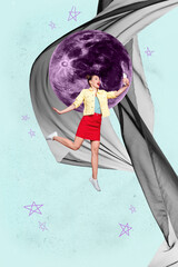 Vertical 3d poster art collage of happy girl guy stand space galaxy moon planet cosmos discovery...