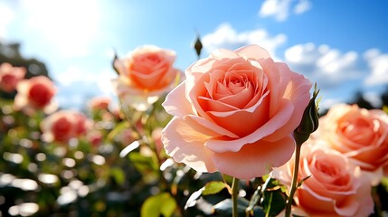Peach-colored roses in full bloom, sunlit, shallow depth of field, against a bright blue sky with fluffy clouds