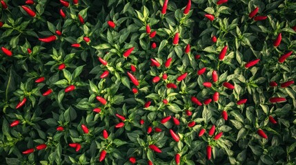 Obraz premium Vibrant Red Chili Peppers in Lush Green Foliage: An Aerial View of a Spicy Harvest