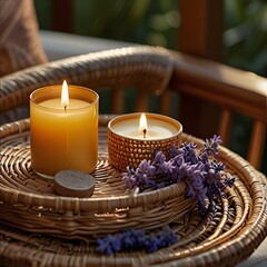 Relaxing Hygge Moment with Scented Candles and Lavender on Wicker
