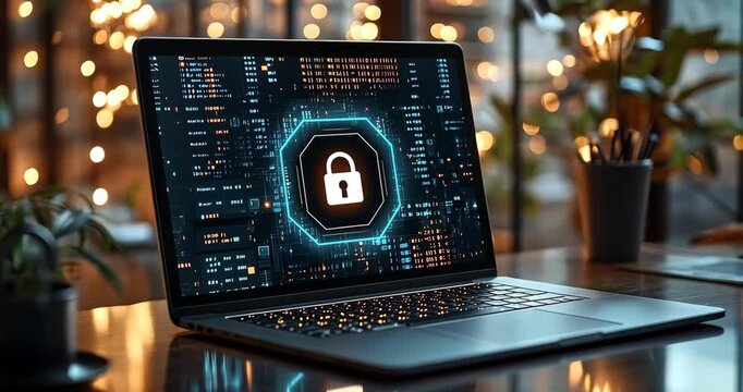 Laptop displaying a lock icon, symbolizing data security and protection in a cozy office setting.