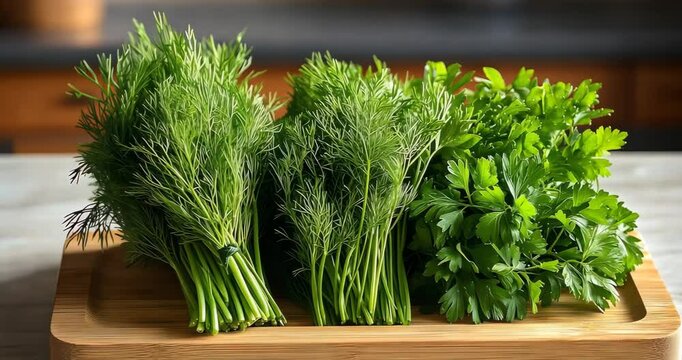 Fresh dill and parsley on a wooden cutting board in the kitchen.