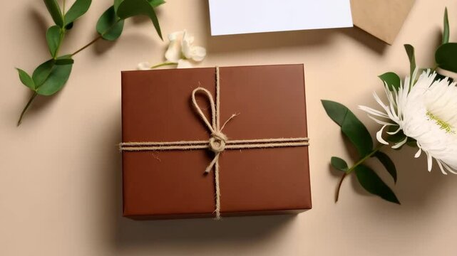 Arrangement with a wrapped gift box, white card, envelope, and floral elements on a neutral backdrop