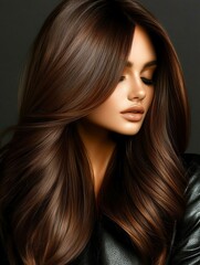 A close-up portrait of a woman with flowing, luxurious brown hair, radiating confidence and elegance against a dark background, perfect for beauty and fashion themes.