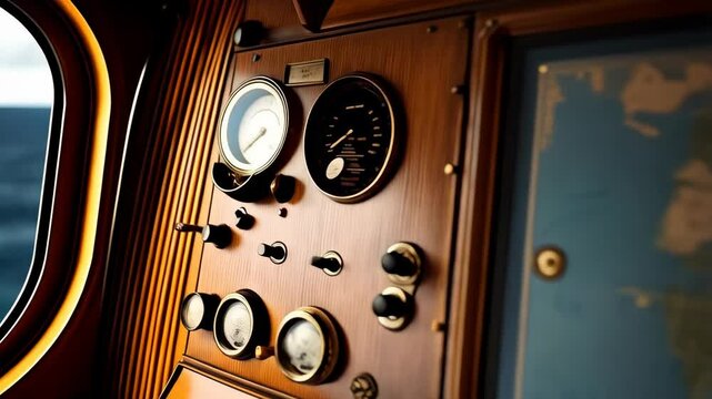 Wood paneled control panel inside a boat with gauges, buttons, levers, and navigational charts on a screen.