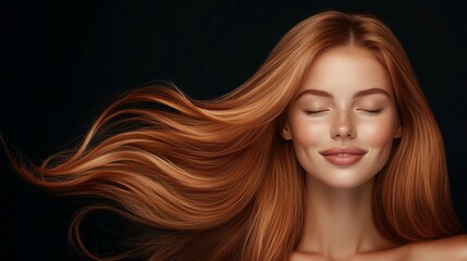 Naklejka premium A serene portrait of a woman with flowing red hair, radiating confidence and beauty. Her calm expression conveys a sense of peace and inner tranquility, ideal for wellness themes.