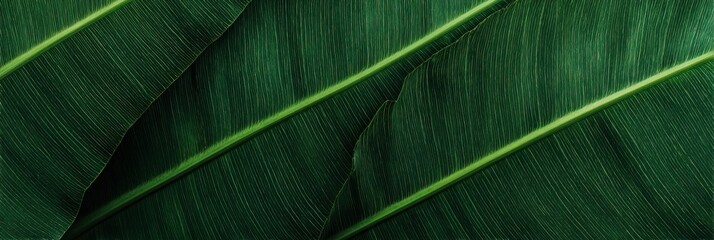 Close-Up of Tropical Green Leaf Background, Flat Lay Fresh Botanical Banner