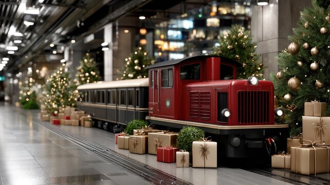 Santa Claus rides a vintage steam train through a lively station, spreading joy as children wave at the festive decorations