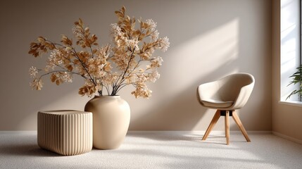 Bright, airy room featuring a cozy armchair, blooming flowers, and a round carpet, creating a tranquil Scandinavian atmosphere