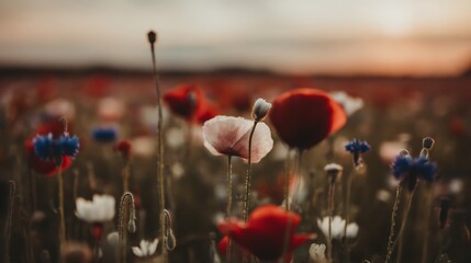 Poppy field at sunset soft light