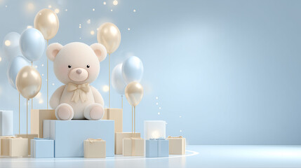 baby’s first birthday wallpaper background featuring plush teddy bear, balloons, and building blocks, light pastel blue background