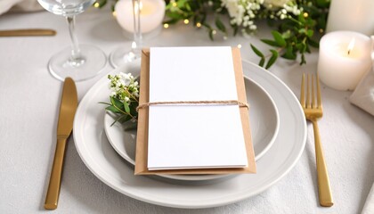 Elegant Wedding Place Setting with Blank Menu Card and Rustic Envelope.