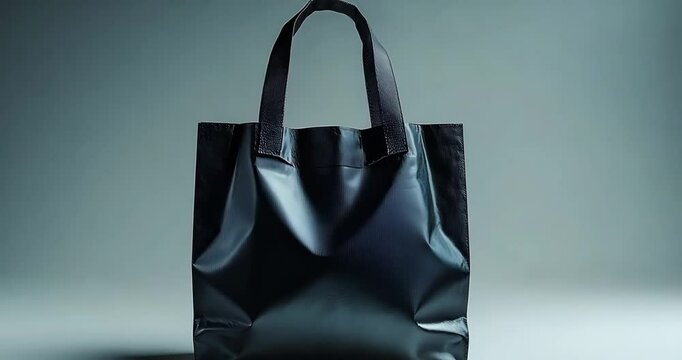 Static shot of a black shopping bag on a gray background. Simple, modern, and stylish.