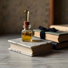 Vintage Perfume Bottle on Old Books with Ribbon and Soft Light
