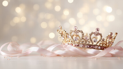 elegant birthday background with gold tiara, pink ribbons, sparkles and soft bokeh lights, princess birthday theme for kids