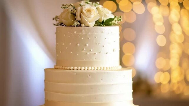 Three tier ivory wedding cake topped with white roses and string of lights in background is featured in this shot.