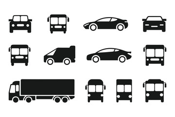 Car Truck  and Bus Vector Icon Set   Black Silhouette Vehicles for Web Mobile App  and Graphic Design Projects. vector