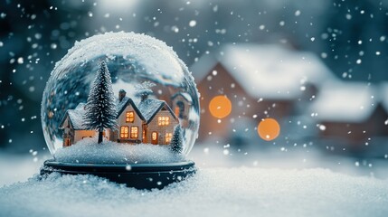 Snow globe, snow-covered village, winter scene