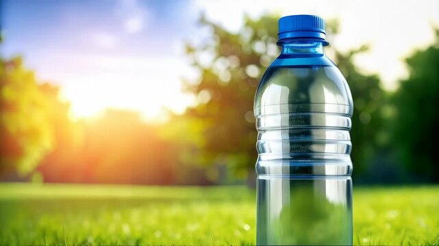 Close-up of clear plastic water bottle with blue cap sits on bright green grass in sunny outdoor park setting under a clear sky